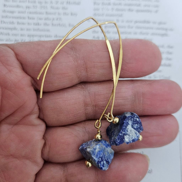 Natural Raw Lapis Lazuli Blue Gold Dangle Earrings - Picture 3 of 3